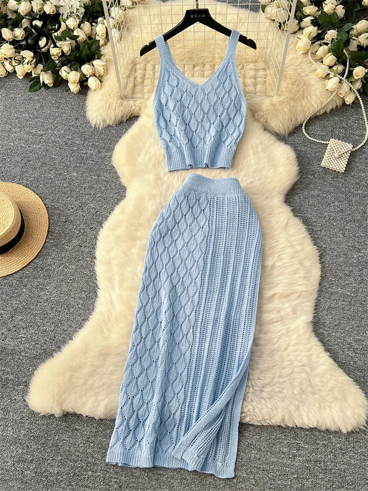 SINGREINY Summer Knitted Beach Suits Women Spaghetti Strap Crop TopsHigh Waist Slim Skirt Hollow Out Vacation Two Pieces Sets 250609