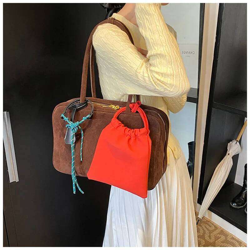 2Pcs Plain Color Autumn/Winter Faux Suede Tote Bag Vintage Boston Women Shoulder Bags Large Capacity Lady Handbags With Pendant