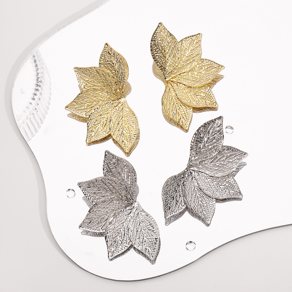 European American Geometric Leaf Textured Earrings Bold Vintage Heavy Metal Style Statement Studs for Women