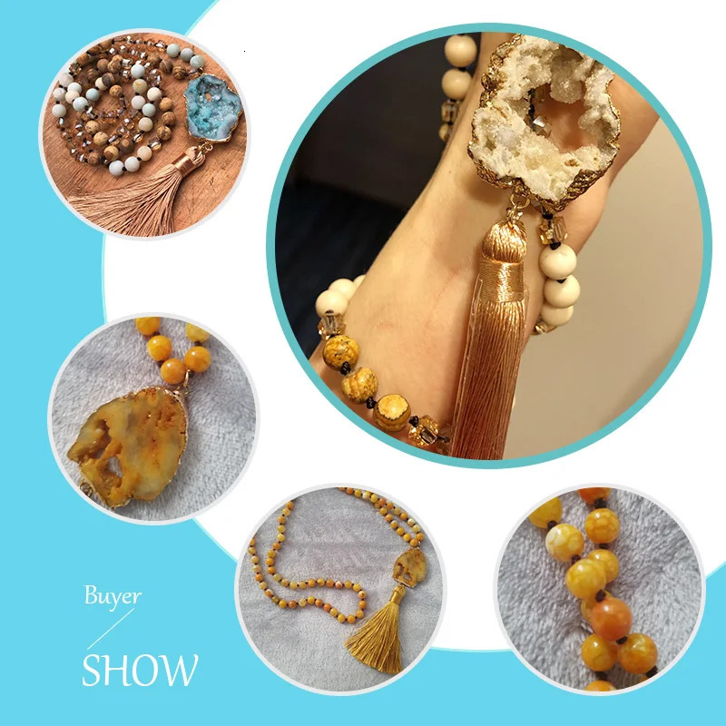 Fashion Bohemian Jewelry Natural Stones Glass Knotted Druzy Stone Links Tassel Necklaces For Women Gift 250604