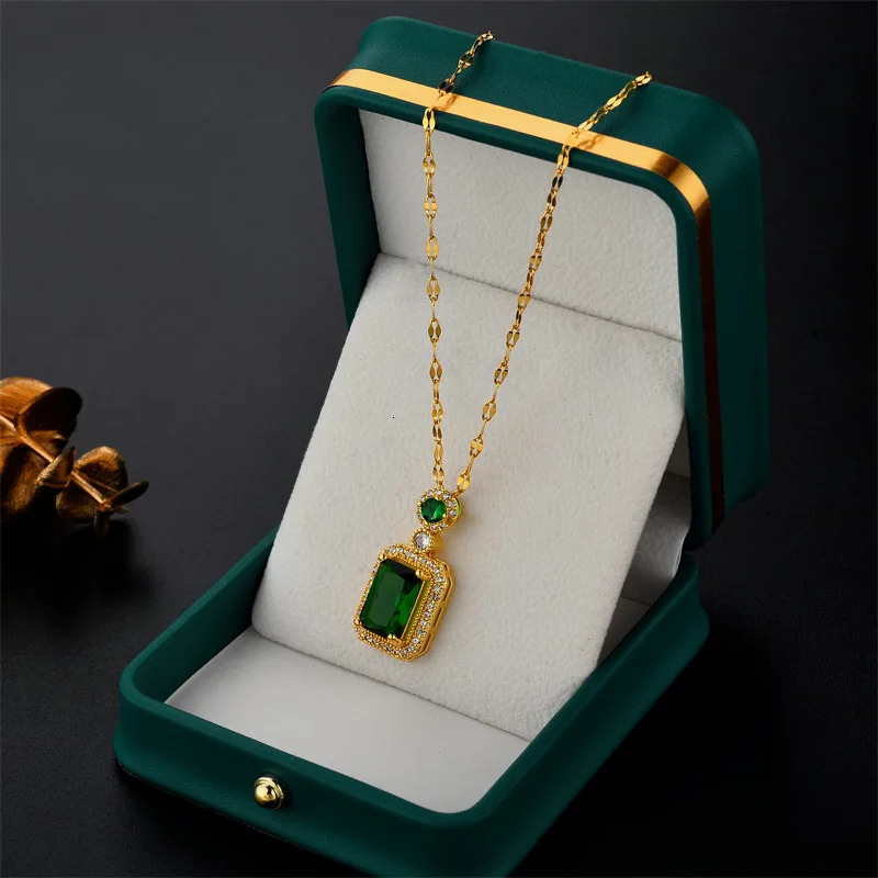 DIEYURO 316L Stainless Steel Square Green Red Zircon Pendant Necklace For Women Classic Girls Jewelry Chain Birthday Gift 250609