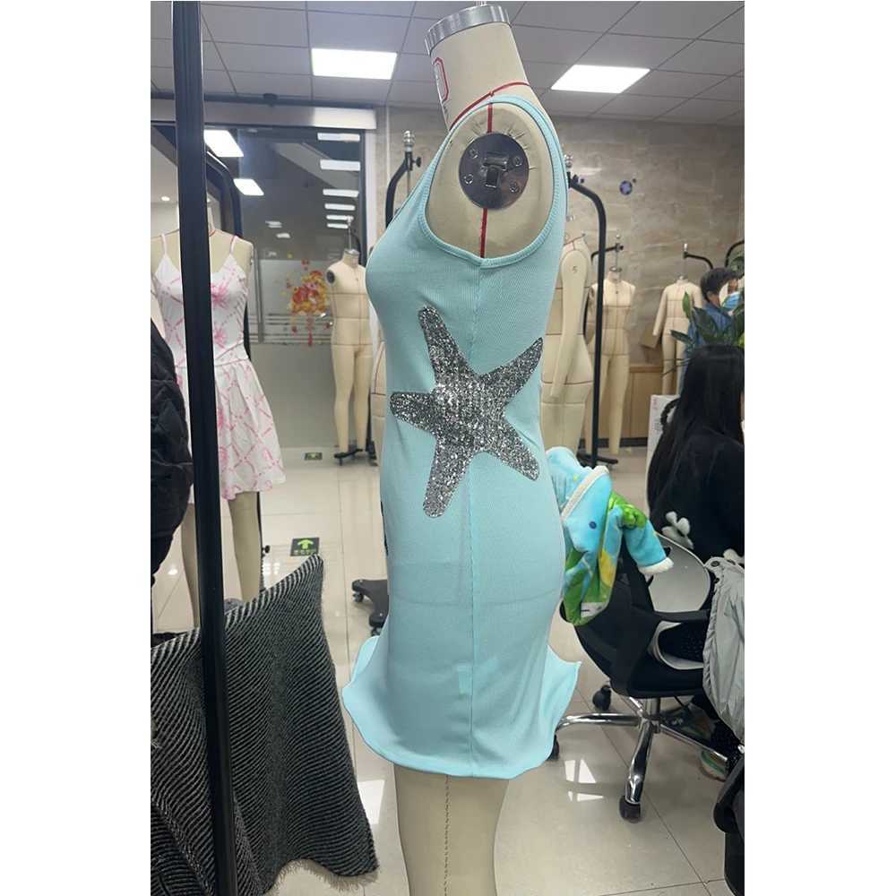 Chic Sparkling Starfish Ruffle Women Y2K Coquette Mini Dresses Elegant Sleeveless Backless Pleated Knit Dress Female Party Robe XJ250610