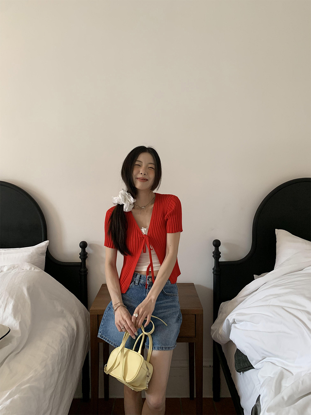 GC191 Summer Lace-up Sweater Women French Short Sleeve Cardigan Stretch Top Women