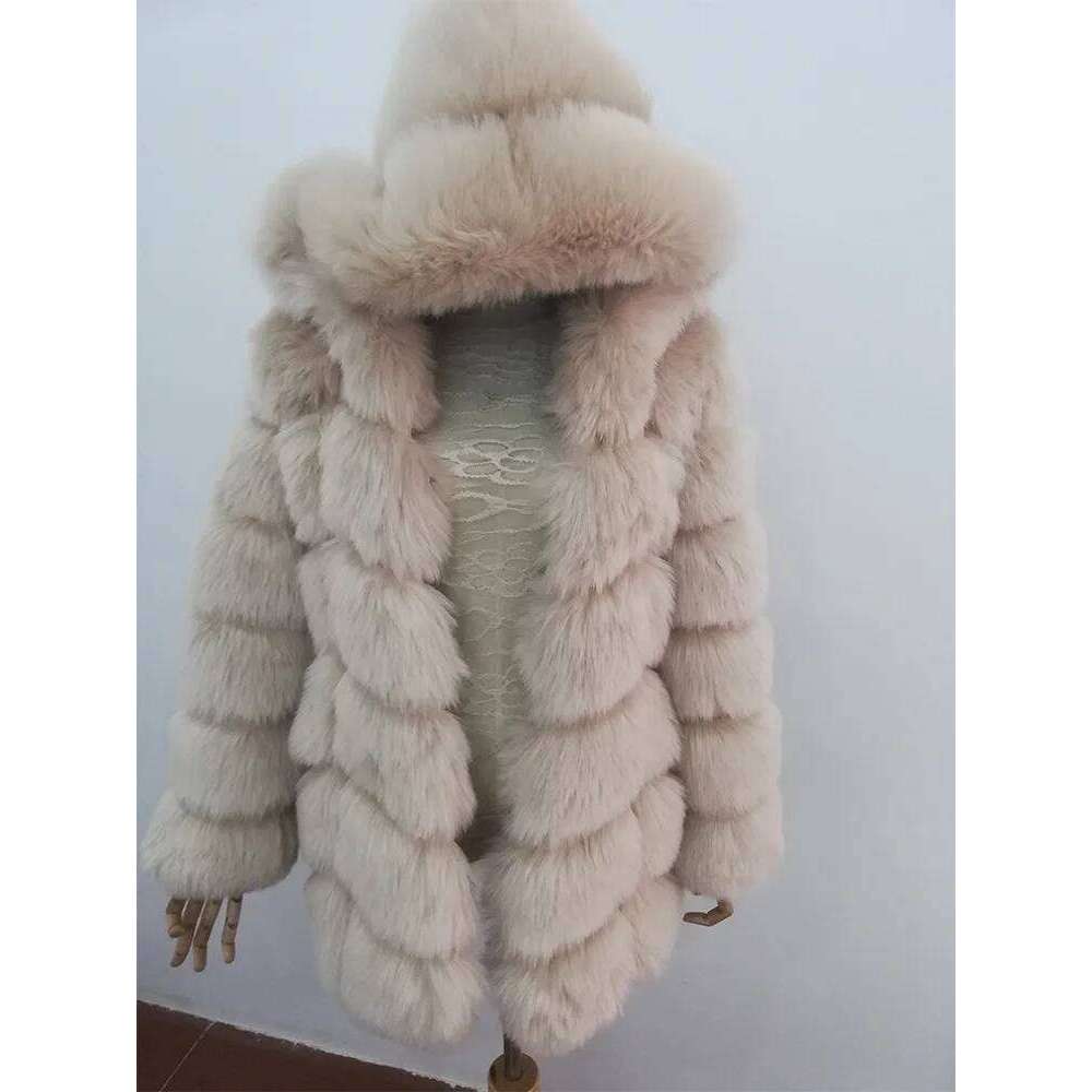 Women's Winter Artifical Fox Overcoat Long Sleeves Faux Fur Coat Jacket With Hooded