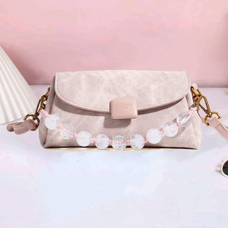 2025 New Soft Leather Women's Fashion Beaded Handbag Niche Versatile Shoulder Multi-Compartment Crossbody Bag Blue Pink