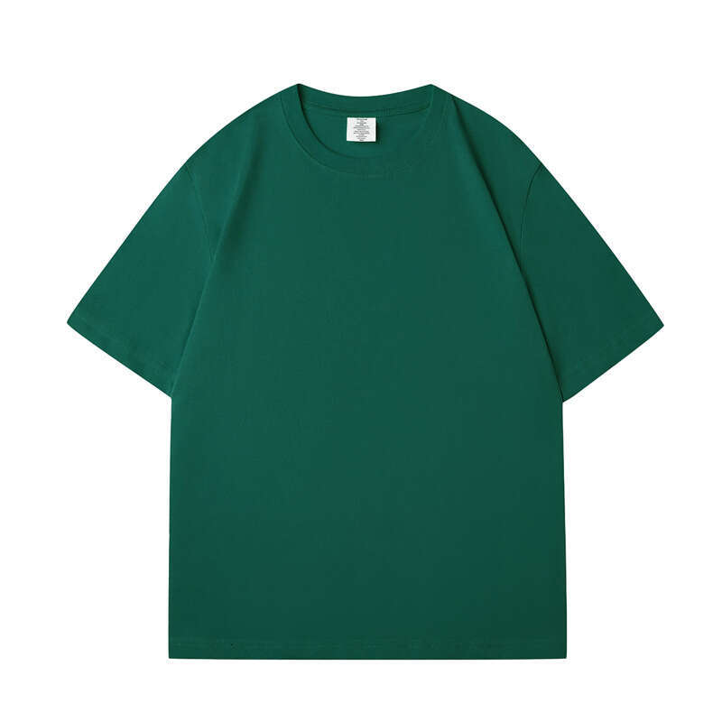 Short Sleeve Summer Round Neck 230g Pure Cotton Tee Small Neckline Solid Color Youth Unisex Regular Shoulder T-Shirt-Deep dark green