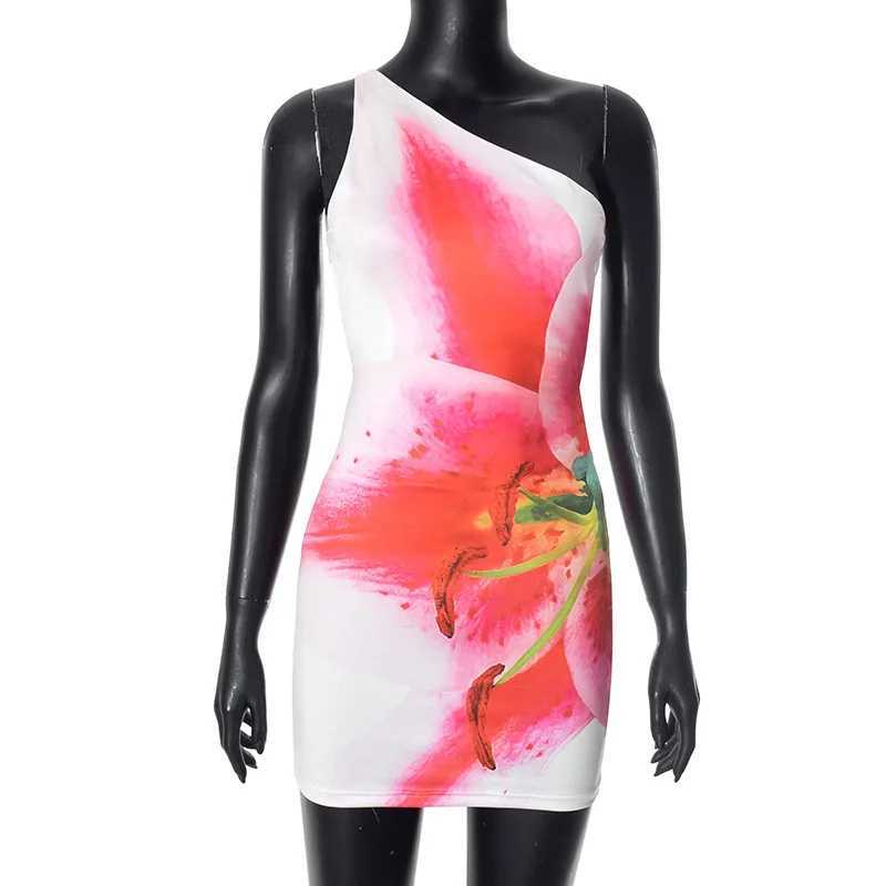 One Shoulder Sexy Party Club Y2K Mini Dress Outfits Women Floral Print Summer Bandage Backless Sleeveless Beach Dresses Sundress XJ250610