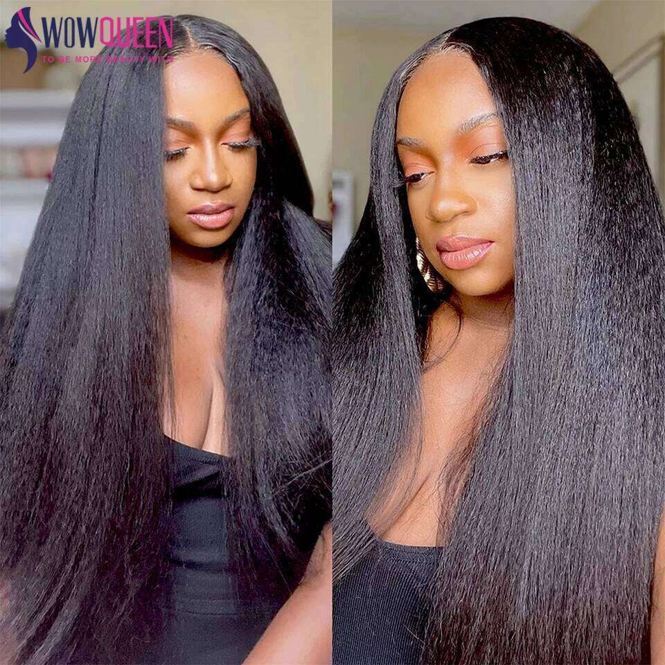 Glueless Ready To Wear Yaki Lace Front Kinky Straight Human Hair Wigs 180 Density 4x4 Closure Wig