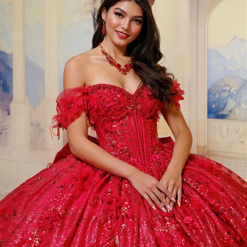 Red Shiny Quinceanera Dresses Ball Gown Off The Shoulder Sequin Applique Lace Beads Bow Tull Sweet 16 Dress Vestidos 15 De Anos