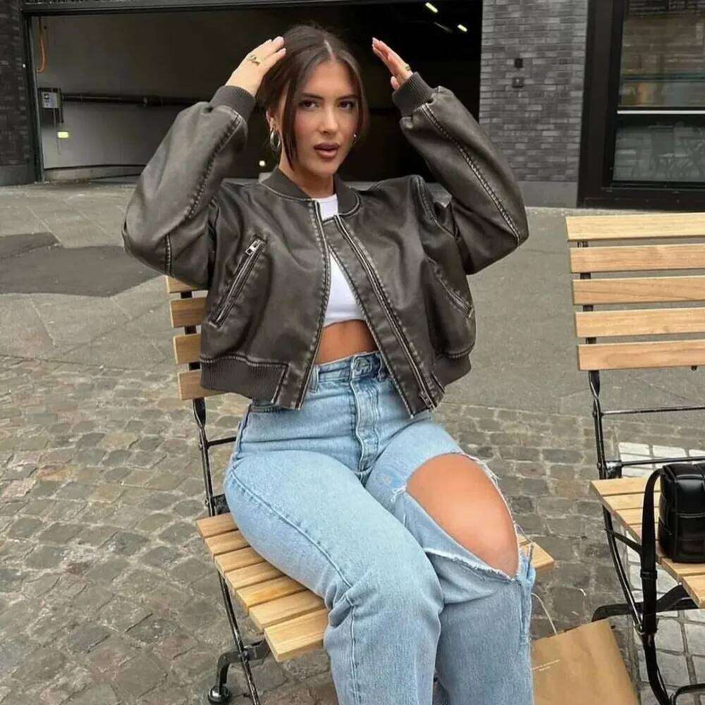 Women Washed Faux Leather Loose Jacket Vintage Gradient Zipper Short Spring Lady Locomotive Chic Eco-Friendly Leather Coat