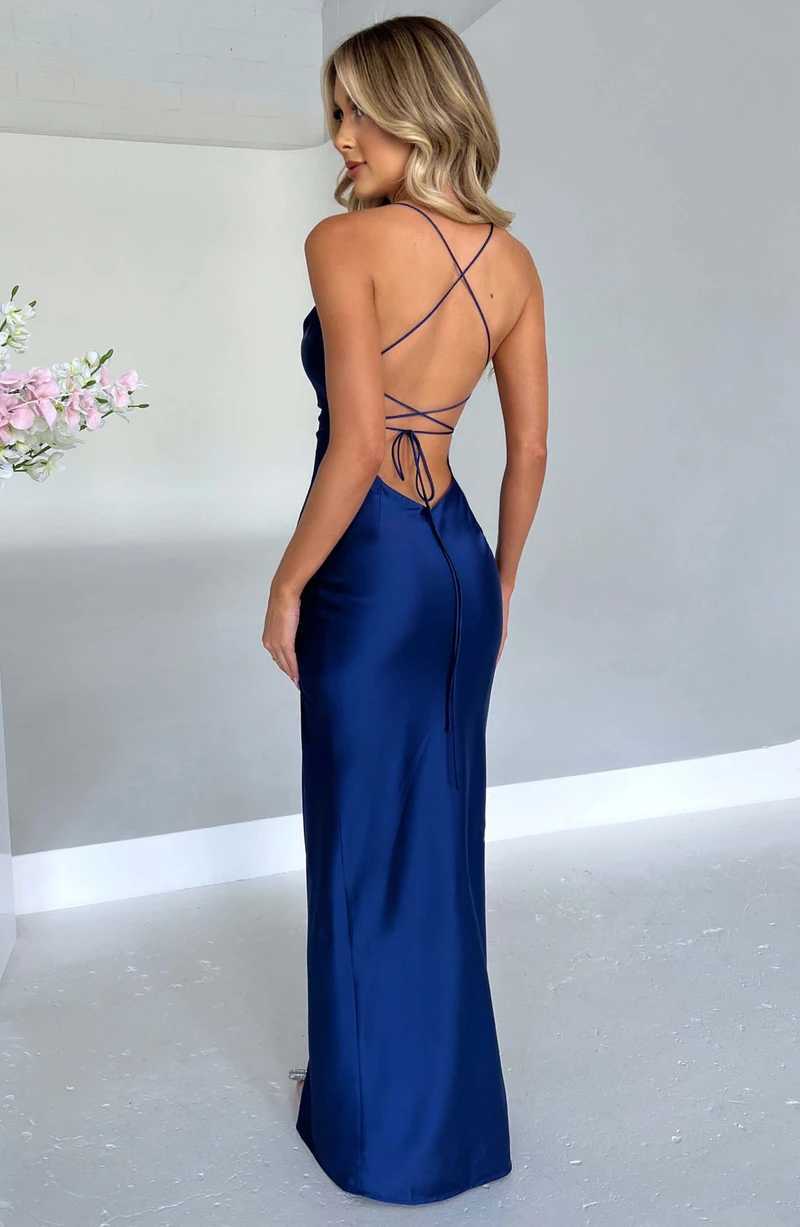 New Womens High Slit Backless Satin Strap Suspender Sexy Long Dress Elegant Satin Smooth Dance Party Evening Dress XJ250610