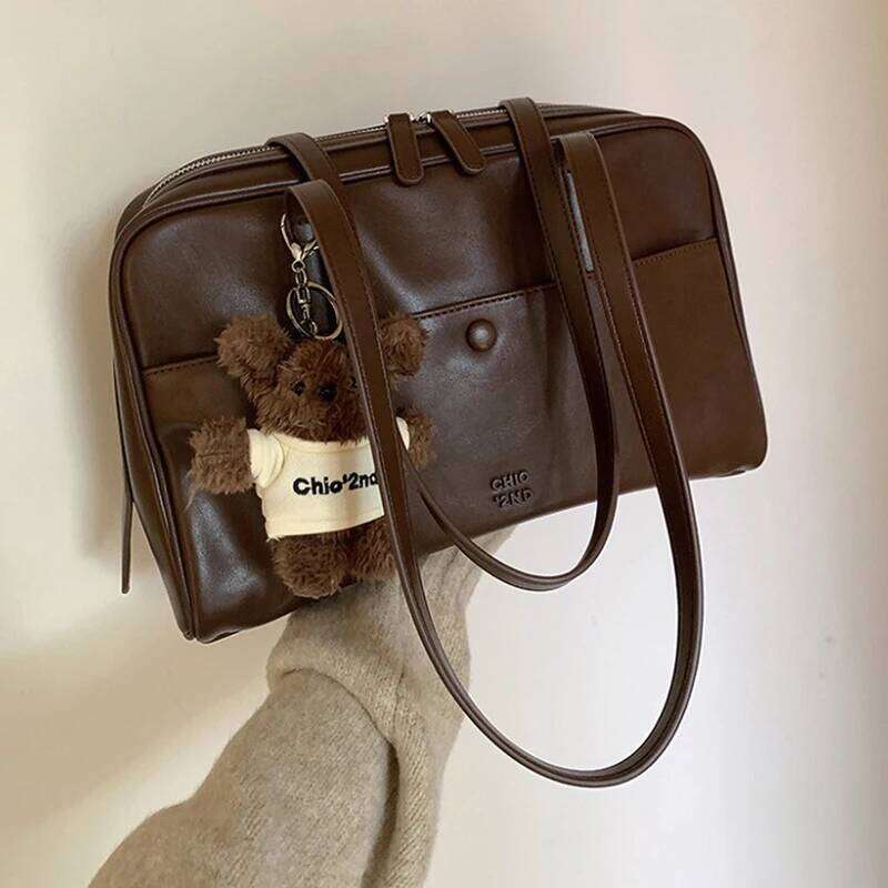 Retro Trend Boston Women's Shoulder Large Capacity PU Leather Lady Tote Underarm Daily Collocation Outdoor Bag