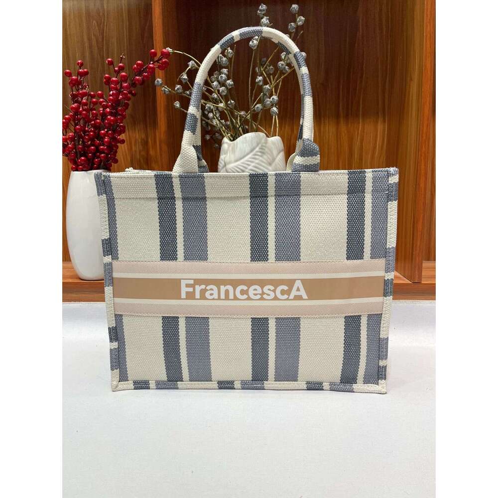 2024 New Canvas Embroidered Digital Print Student Large Capacity Tote Office Commute Striped Bag