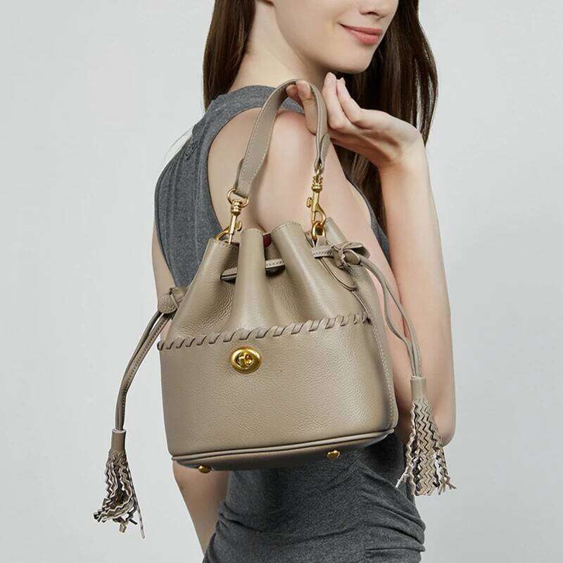 Burminsa Cow Genuine Leather Drawstring Bucket Small Shoulder Crossbody Bags For Women 2025 Designer Tote Ladies Handbags