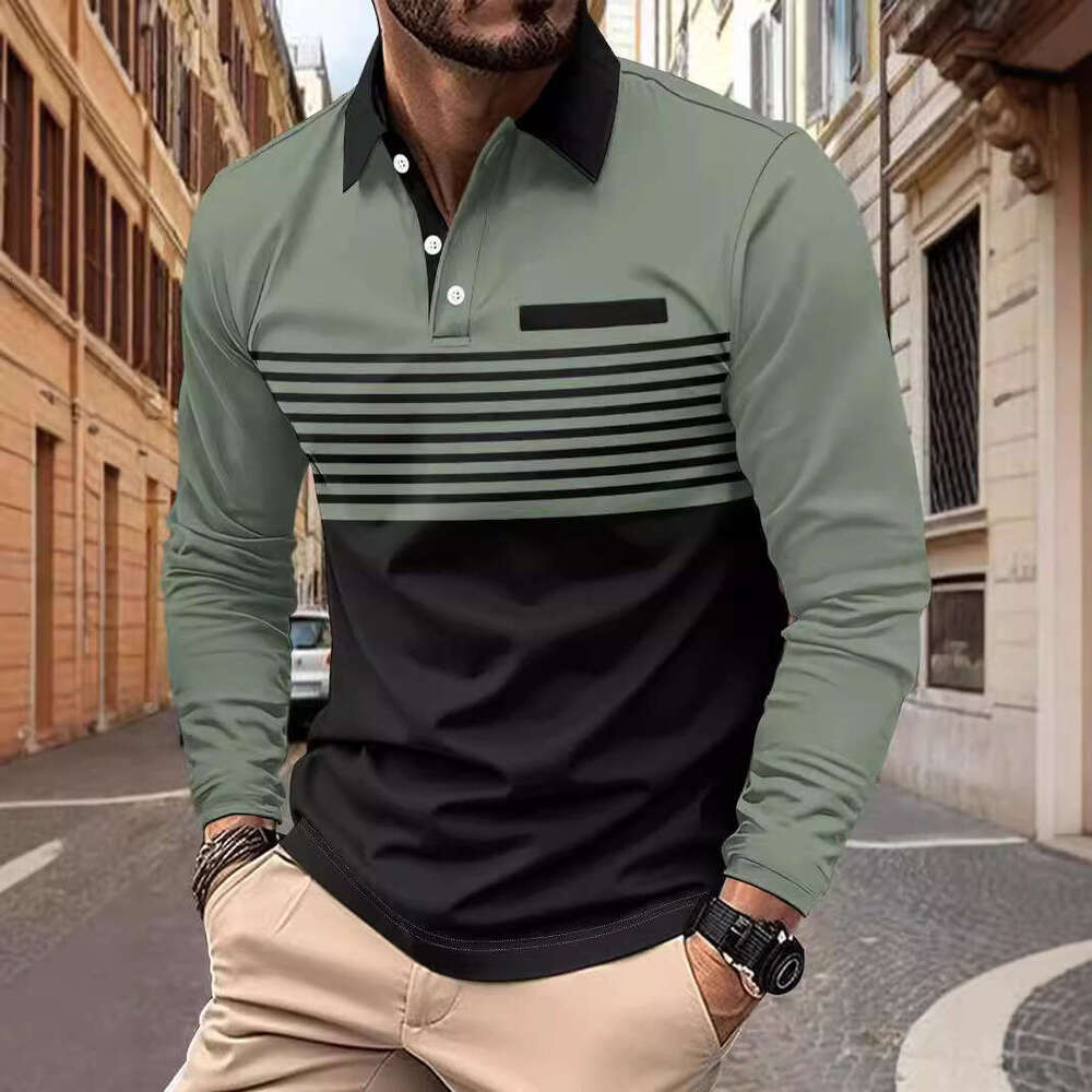 Autumn New Men's T-Shirt Casual Striped Turn-Down Collar Long Sleeve Polo Shirt B5
