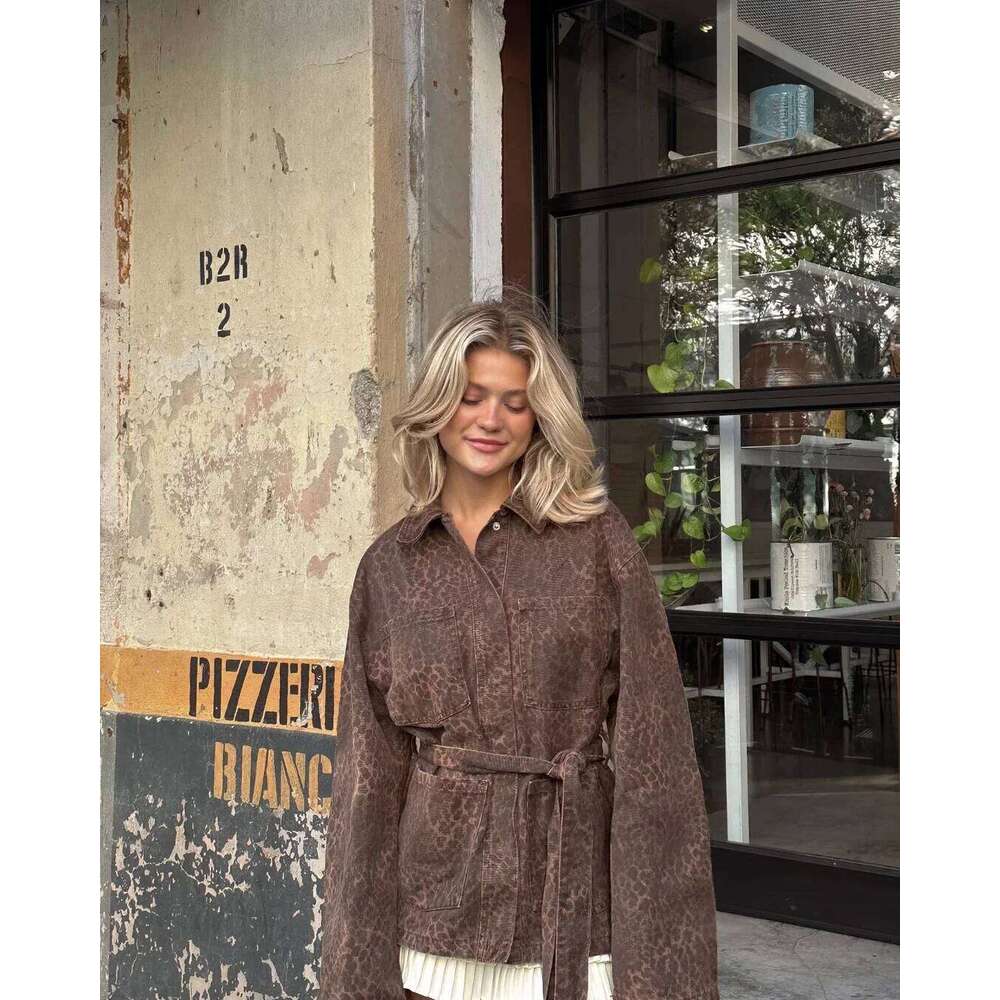 TRAFZA Women Fall Winter PU Leopard With Lace-up Lapel Pocket Button Lined New 2024 Fashion Vintage Leather Jacket