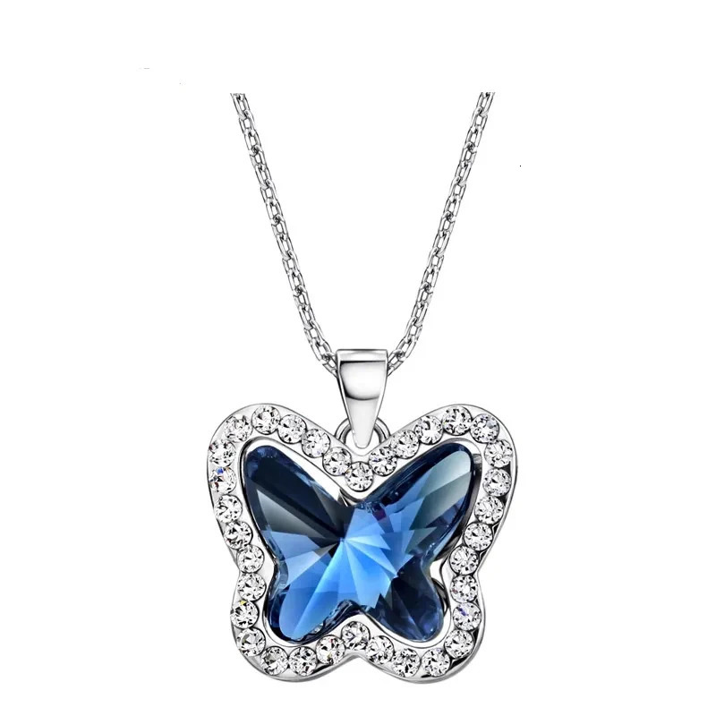 Cute Blue Butterfly Austrian Crystal Pendant Necklace for Girls Fashion Jewellery Women Anniversary Wedding Valentines Day Gift 250609
