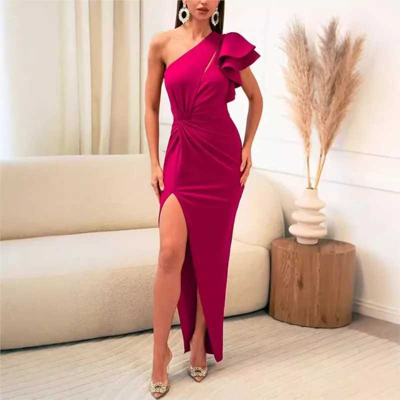 Spring Summer Fashion Solid Color Dress Women Sexy Slanted Neck Short Sleeve High Waisted Slit Dress Elegant Slim Dress WomenXJ250610