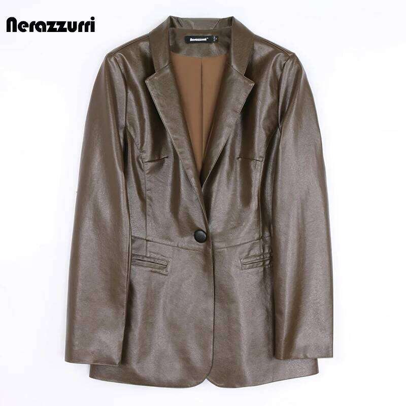 Nerazzurri Spring Autumn Black Blazer Women Single Button Slim Fit Designer Womens Leather Jackets And Coats 5Xl 6Xl 7Xl