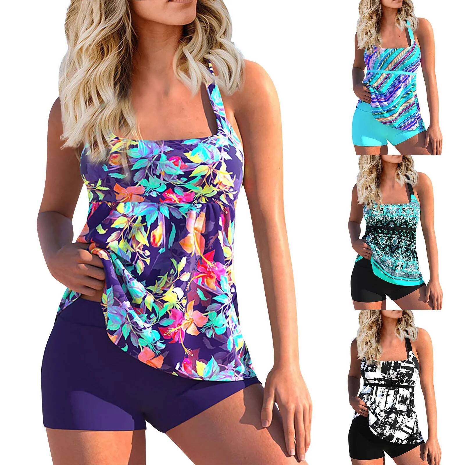 Women's Sexy Slim Fit Sling Split Bikini Plus Size (Two Piece) Strape Tankini Set Printed Beach Swimsuit Women