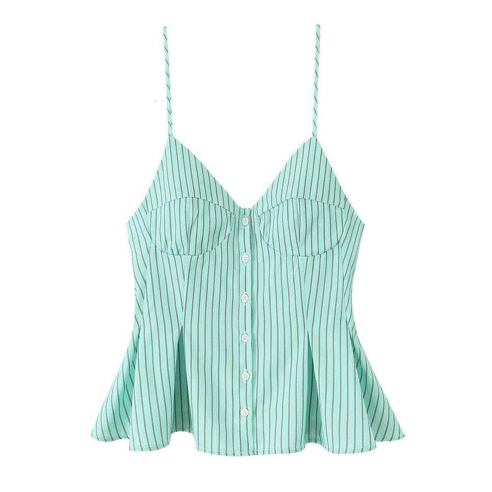 6013- New Women's Fashion V-Neck Buttoned Solid Color Pleated Camisole Top For Women B5