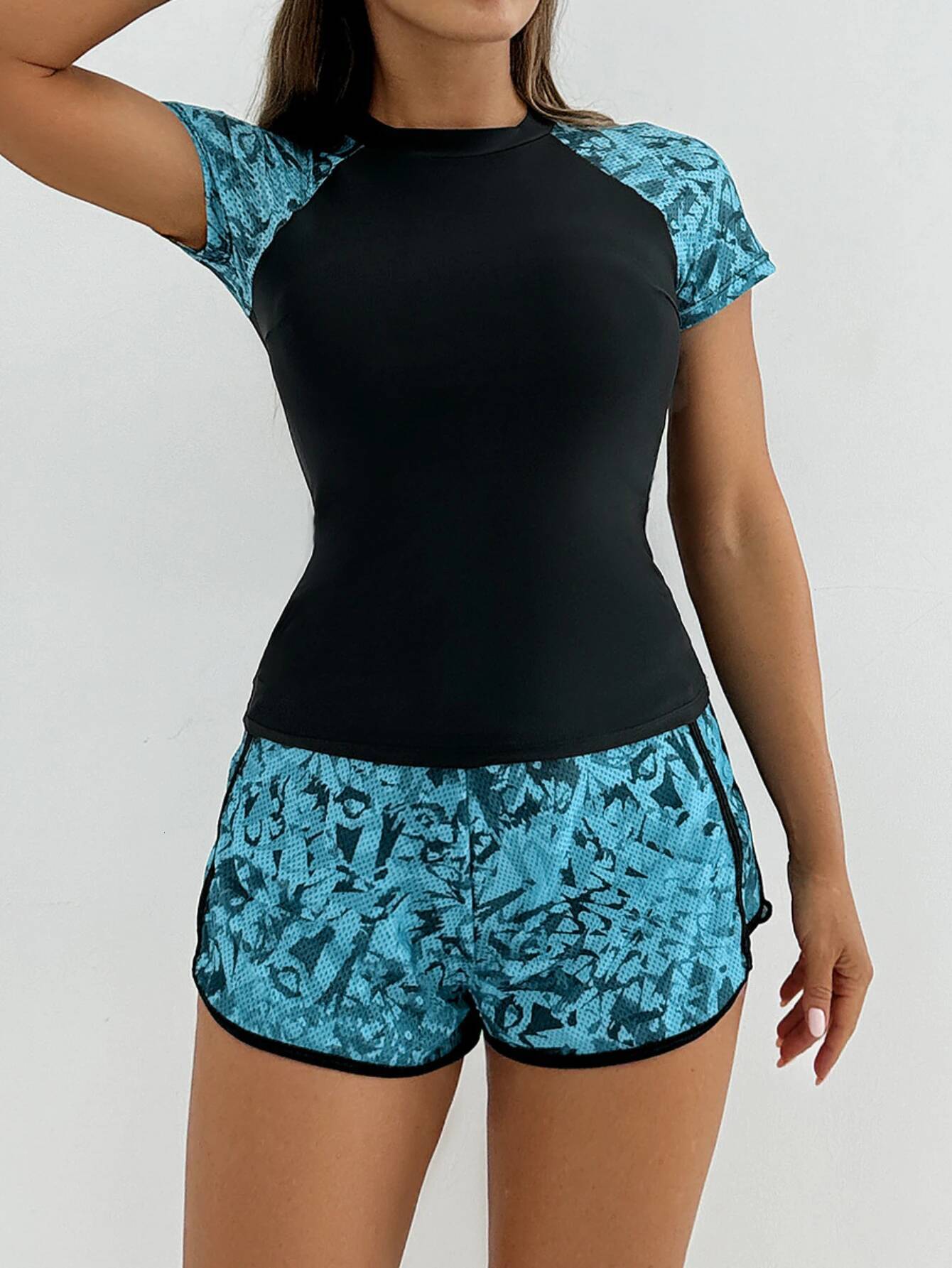 Sports for Women 2 Piece Swimsuit High Waist Tankini Short Sleeve Round Neck Patchwork Bikini Set Swimwear 2025 New