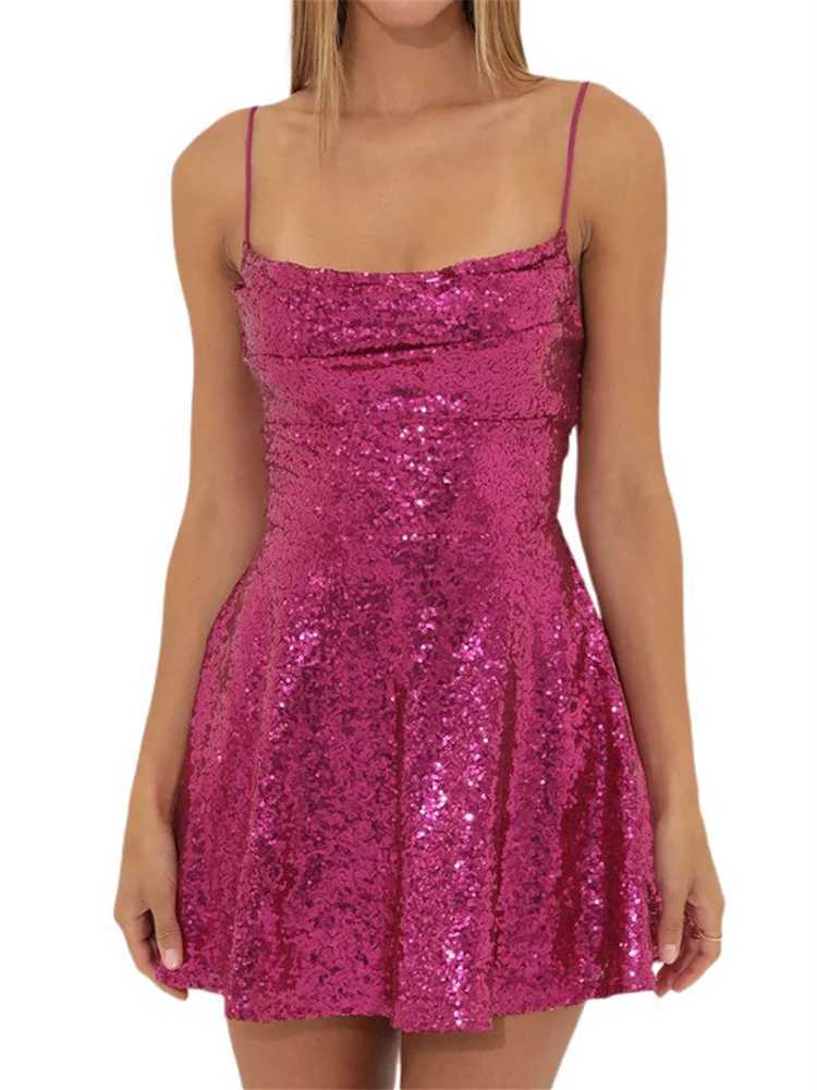 Women Shiny Sequins Dress Summer Backless A-Line Mini Dress for Cocktail Party Beach Streetwear XJ250610