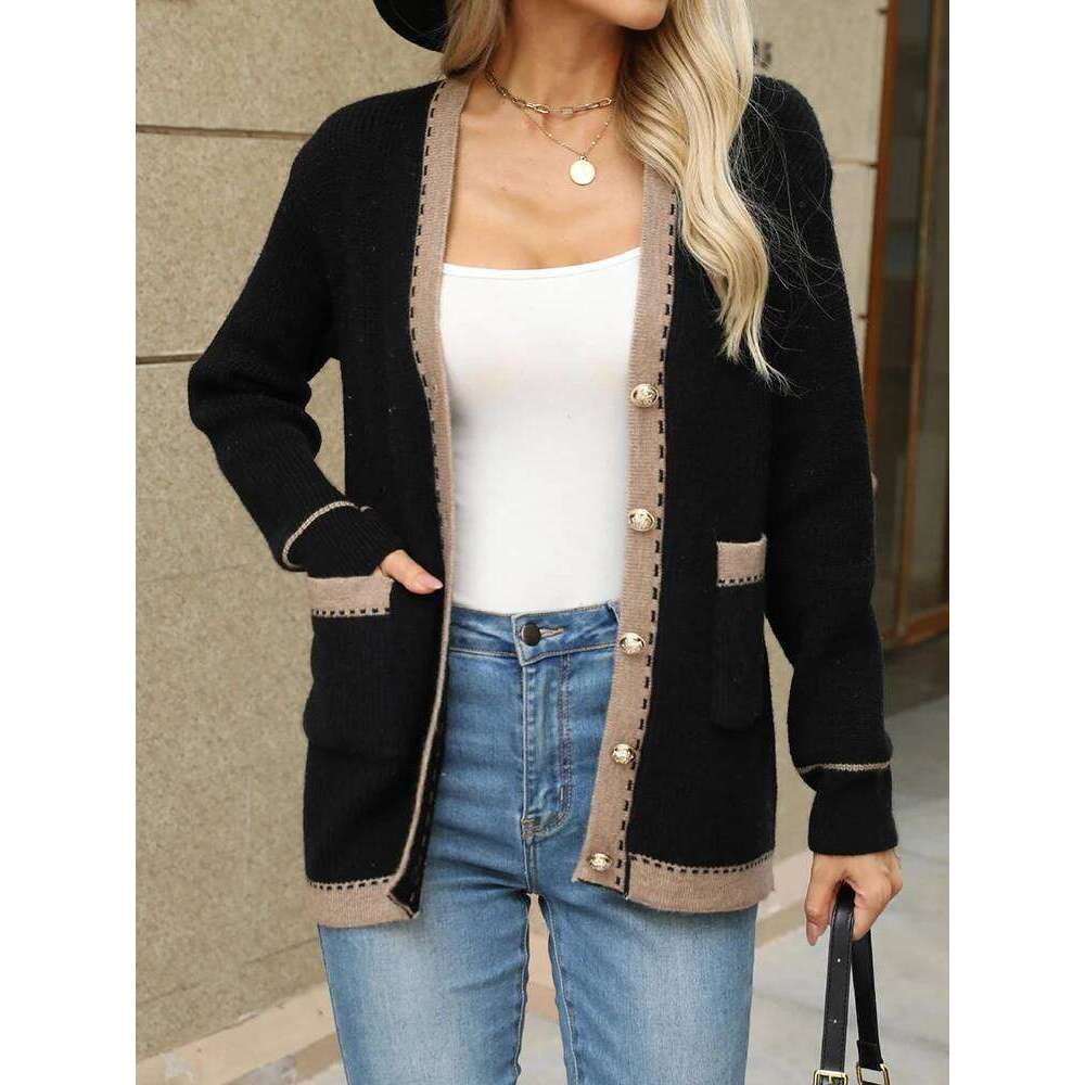 Aoaiiys Knitted Cardigan Women Sweater Contrast Color Single Breasted V-neck Long Sleeve Coat Autumn Winter Fashion Cardigans