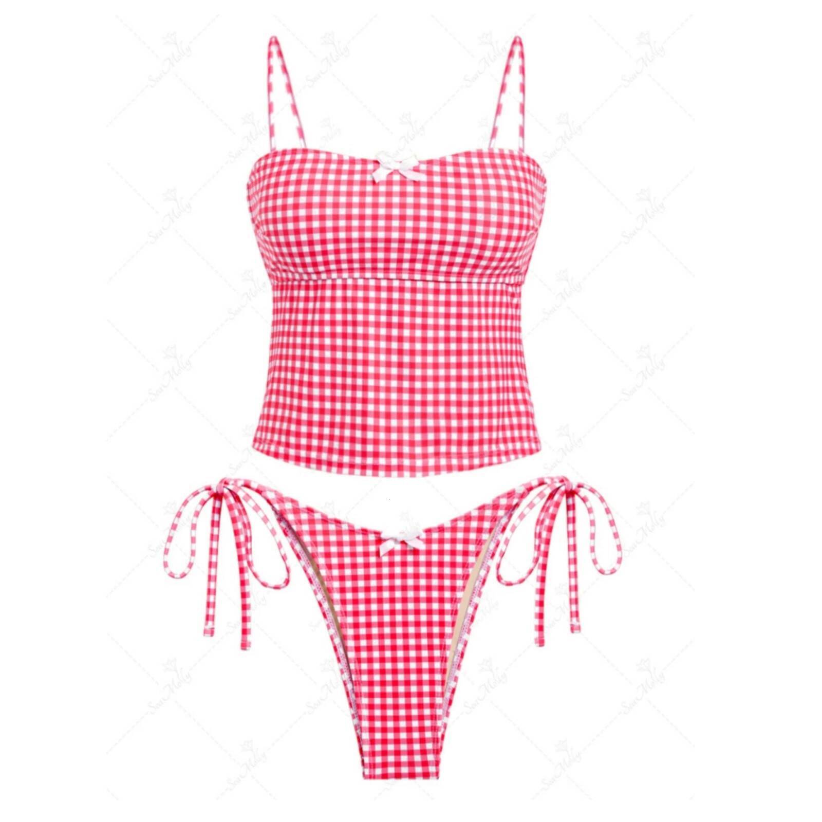 Yiiciovy Plaid Print Summer Swimming Women Bikini Set Spaghetti Strap Crop Tops Tie-up Low Rise Thongs Bathers Bathing Suit