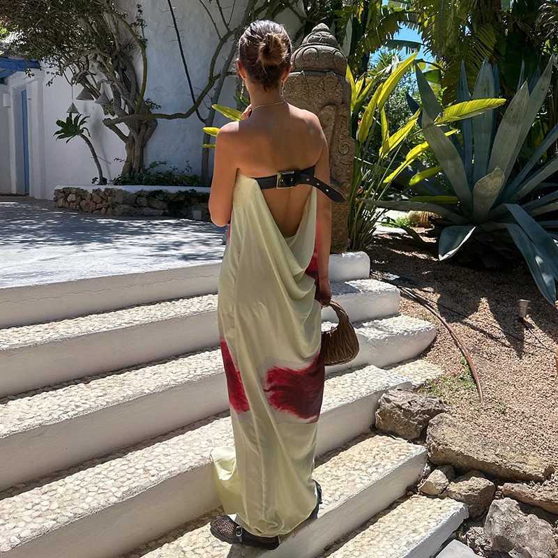 CUTENOVA Sexy Strapless Floral Print Belt Women Maxi Dress Yellow Backless High Waist Dresses Summer Holiday Elegant Beachwear XJ250610