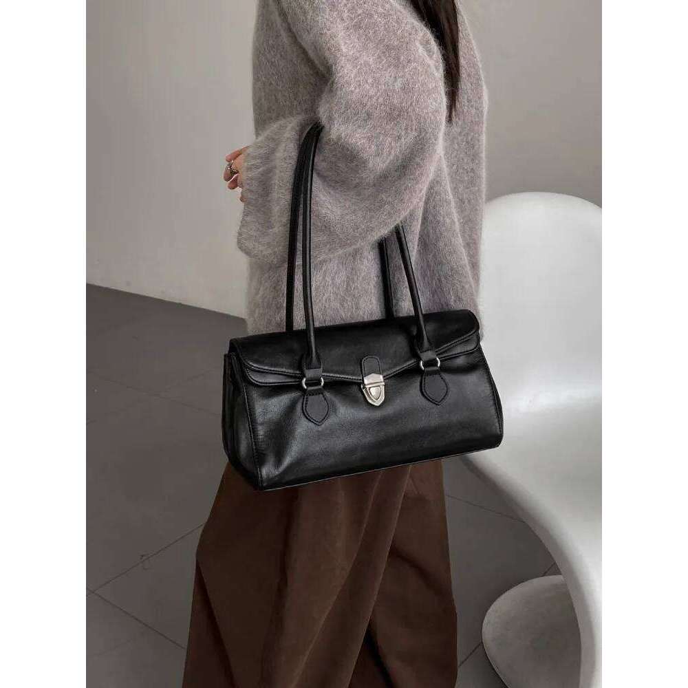 Office Ladies Elegant Work Single Shoulder Hasp Solid Color Genuine Leather Vintage Underarm Bag Casual Women Handbag Totes 2025/06/10