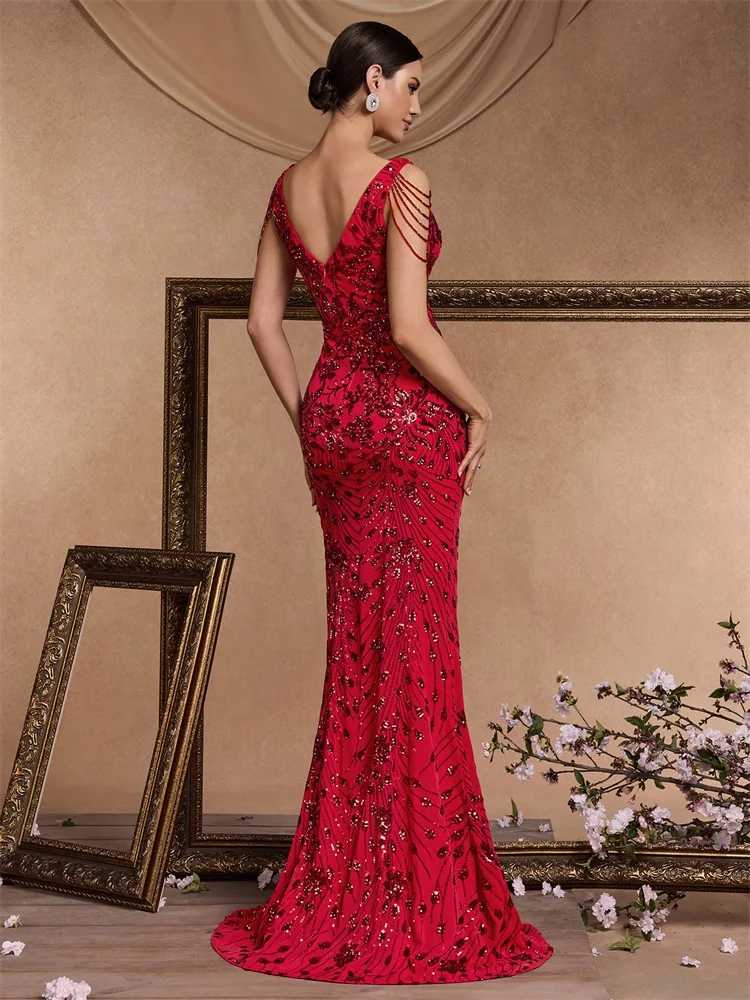 Elegant Deep V-Neck Red Sequin Formal Evening Dresses Women 2024 Beading Wedding Party Mermaid Cocktail Prom Gown XJ250610