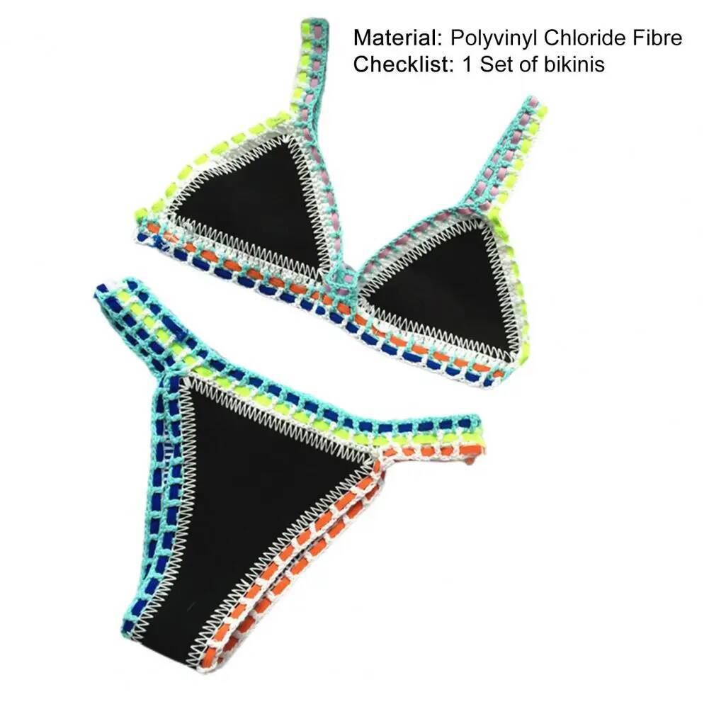 2 Pcs/Set Bathing Suit Bright Color Patchwork Bikini Set Handmade Crochet Women Swimsuit For Beach