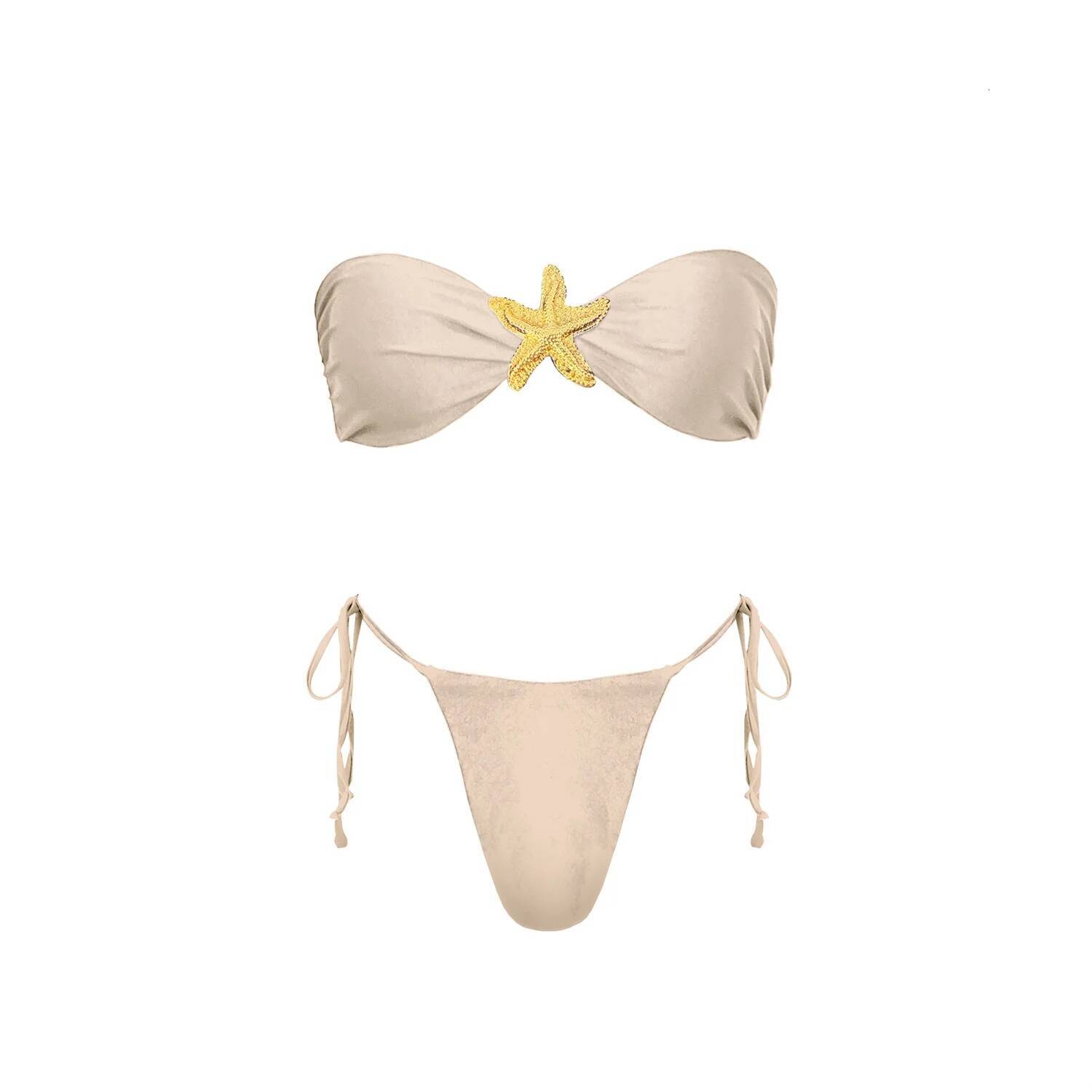 New 3Pcs Shiny Bandeau Biquini With Cover Up Sexy Swimsuit Woman Swimwear Off Shoulder Swim Suit Star Bikini Bodysuit Beachwear