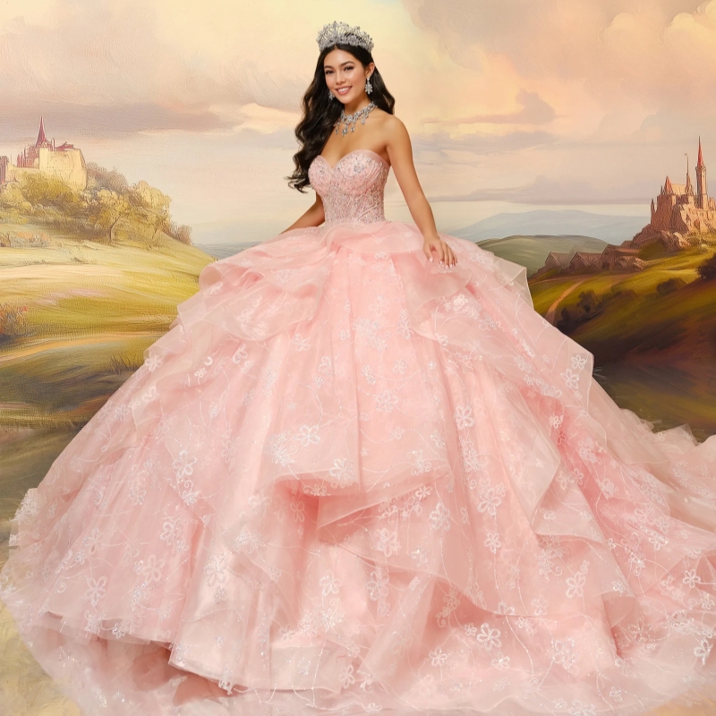 Pink Shiny Off The Shoulder Ball Gown Quinceanera Dresses Sequin Appliques Beading Tiered Tull Sweet 16 Dress vestidos 15 Anos
