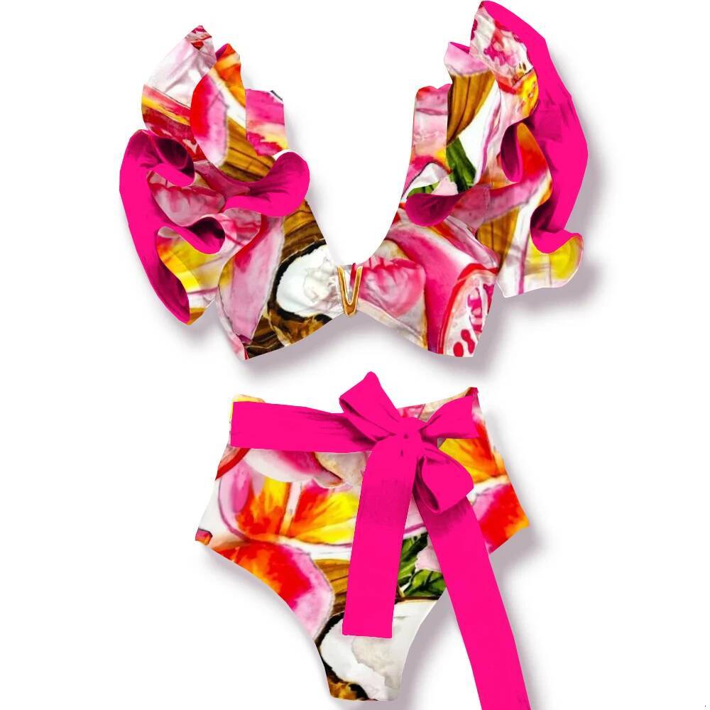 Sporlike V-Neck High Waist Bikini Sets Shoulder Ruffled Sexy Printed Swimsuit Two Pieces Swimwear Women 2025 Bathing Suits