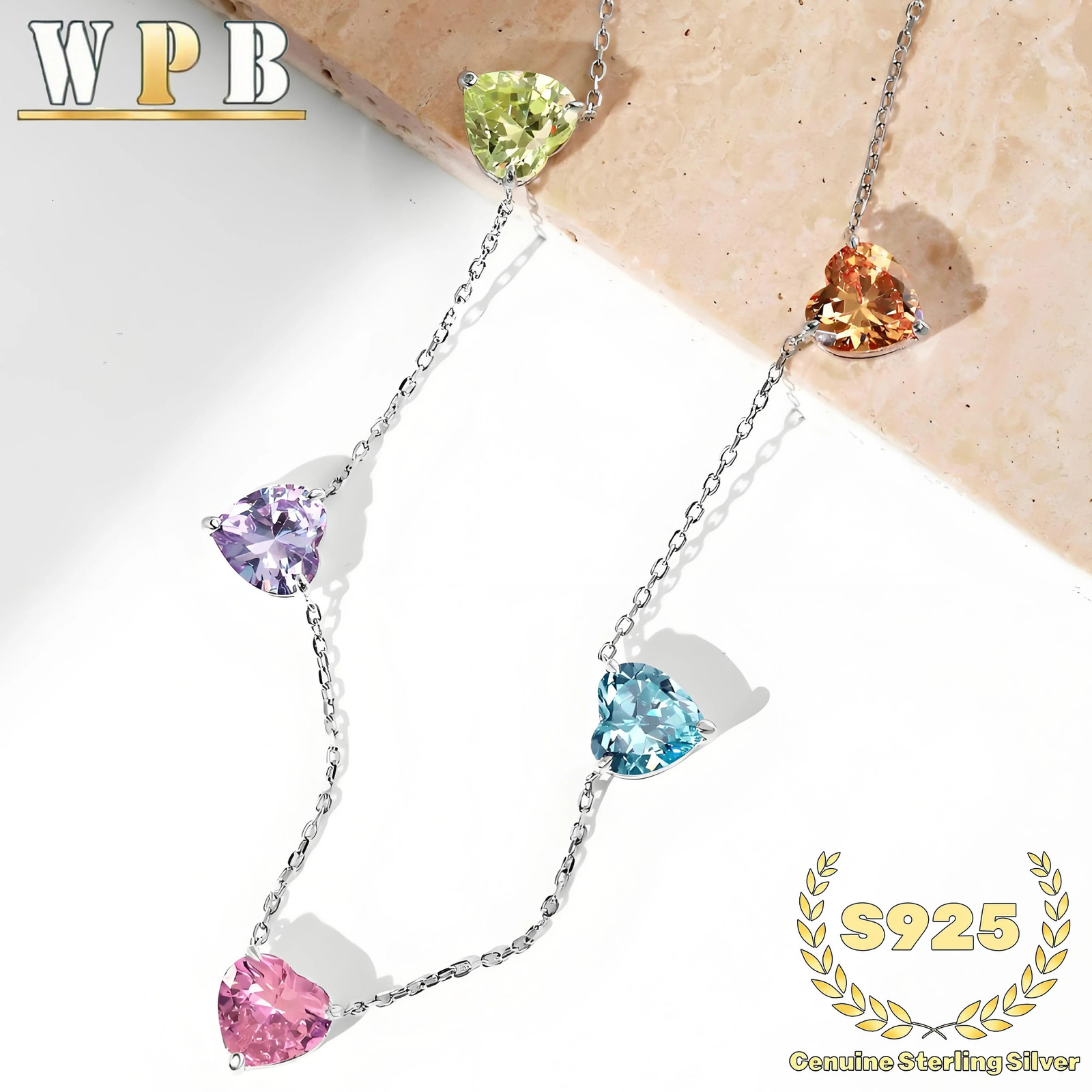 Genuine S925 Sterling Silver Necklace 5 Rainbow Heart Pendants Cubic Zircon Elegant Jewelry Gift for Women Wife Girlfriend 250609