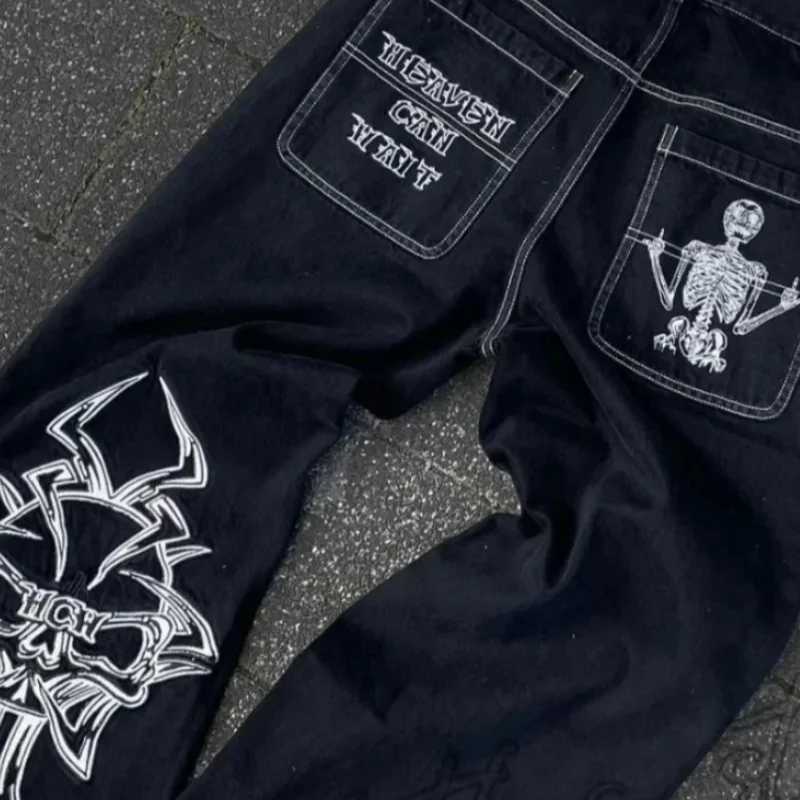 Mens Y2K jeans hip-hop retro skull embroidery washed loose denim pants new straight leg casual loose pants street wear M250610