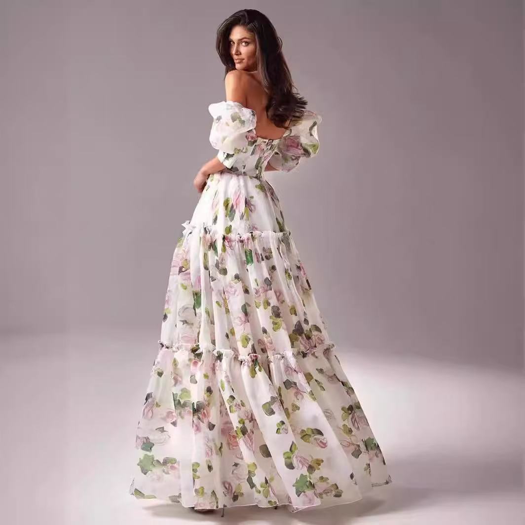 Elegant Floral Print Evening Party Dresses Women Charming A-line Off Shoulder Boat Neck Loose Short Sleeve Prom Gowns Robe Dress