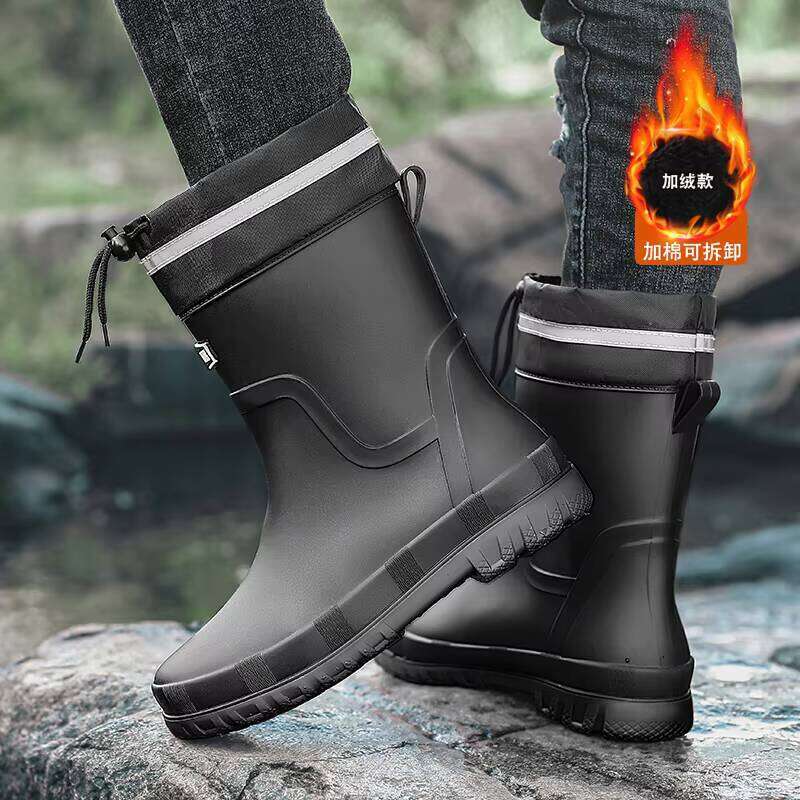 Wholesale Rain PVC Material High-top Waterproof Men Boots With Fleece Lining