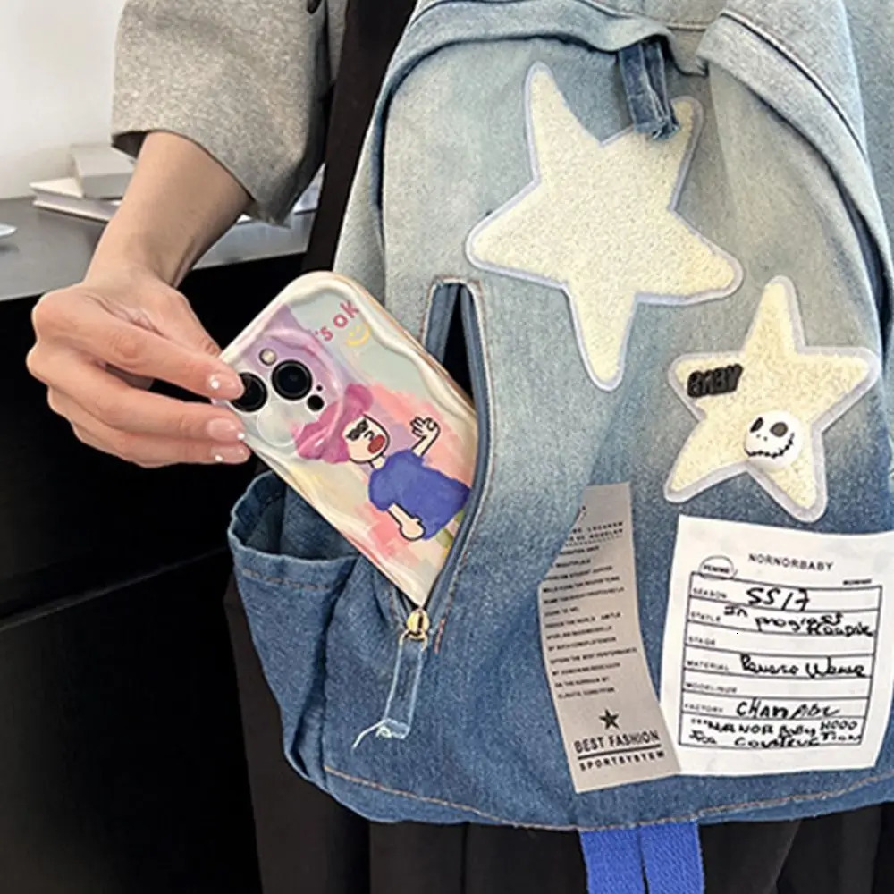 Fashion Large Capacity Denim Star Backpack Y2K All Match Double Shoulder Bag Unisex Star Pattern Students Backpack Outdoor 250606