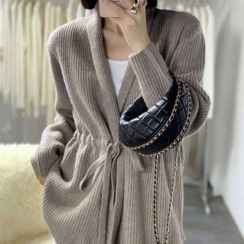 100% Wool Cardigan Women's Loose Jacket For Autumn Winter, Mid To Long Style With Tie Up And Waist Cinching Knit Sweater