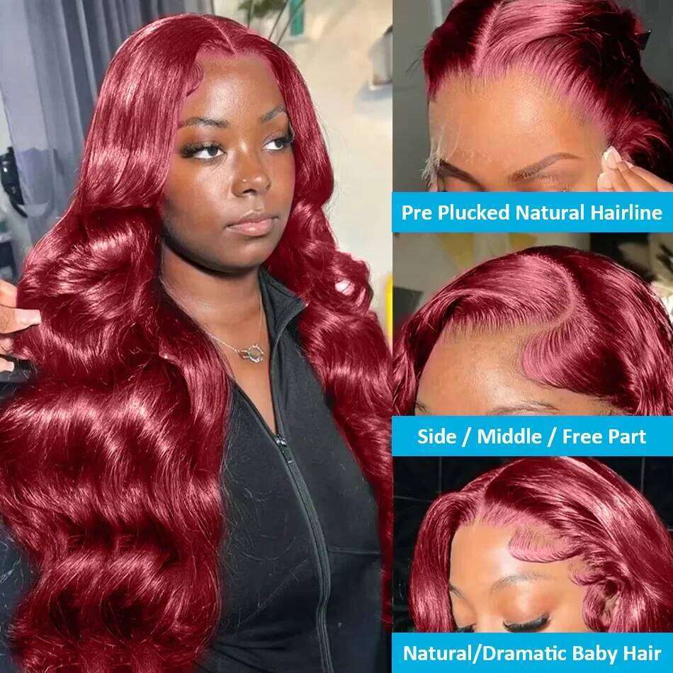 200 Density 99J Bury13x4 13x6 HD Body Wave Lace Front Human Hair Wigs 30 36 Inch Red Colored Frontal Wig for Women