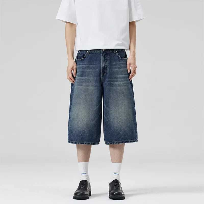 2025 Summer American Lightning Crack Denim Cropped Pants Mens Straight Loose Wide-leg Shorts Street Baggy Casual Pants M250610