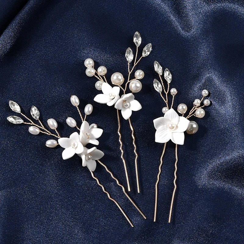 3PCS Flower Hairpin Bride Headdress For Women Pearl Mesh U-shaoped Hair Clips Fashion Girls Wedding Hair Accessories Jewelry 250610