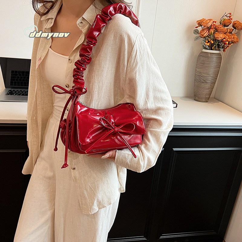 Ballet Style Sweet Bowknot Pleated Handbag Underarm for Women 2025 New Fashion Single Shoulder Crossbody Tote Bag ddmynov