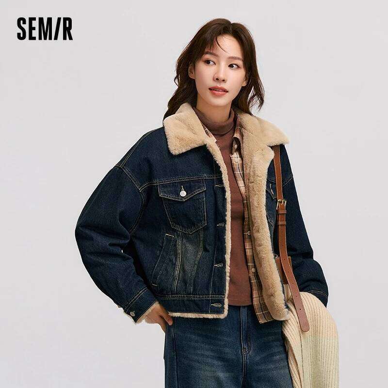 Semir Denim Women Patchwork Imitation Rabbit Fur Lapel Loose 2024 New Winter Quilted Jacket