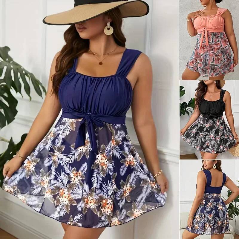 5XL Plus Size Swimdress High Waist Swimwear Push Up Bikini Flower Printed Beach Swimsuit Bathing Suit Women Chubby Tankini