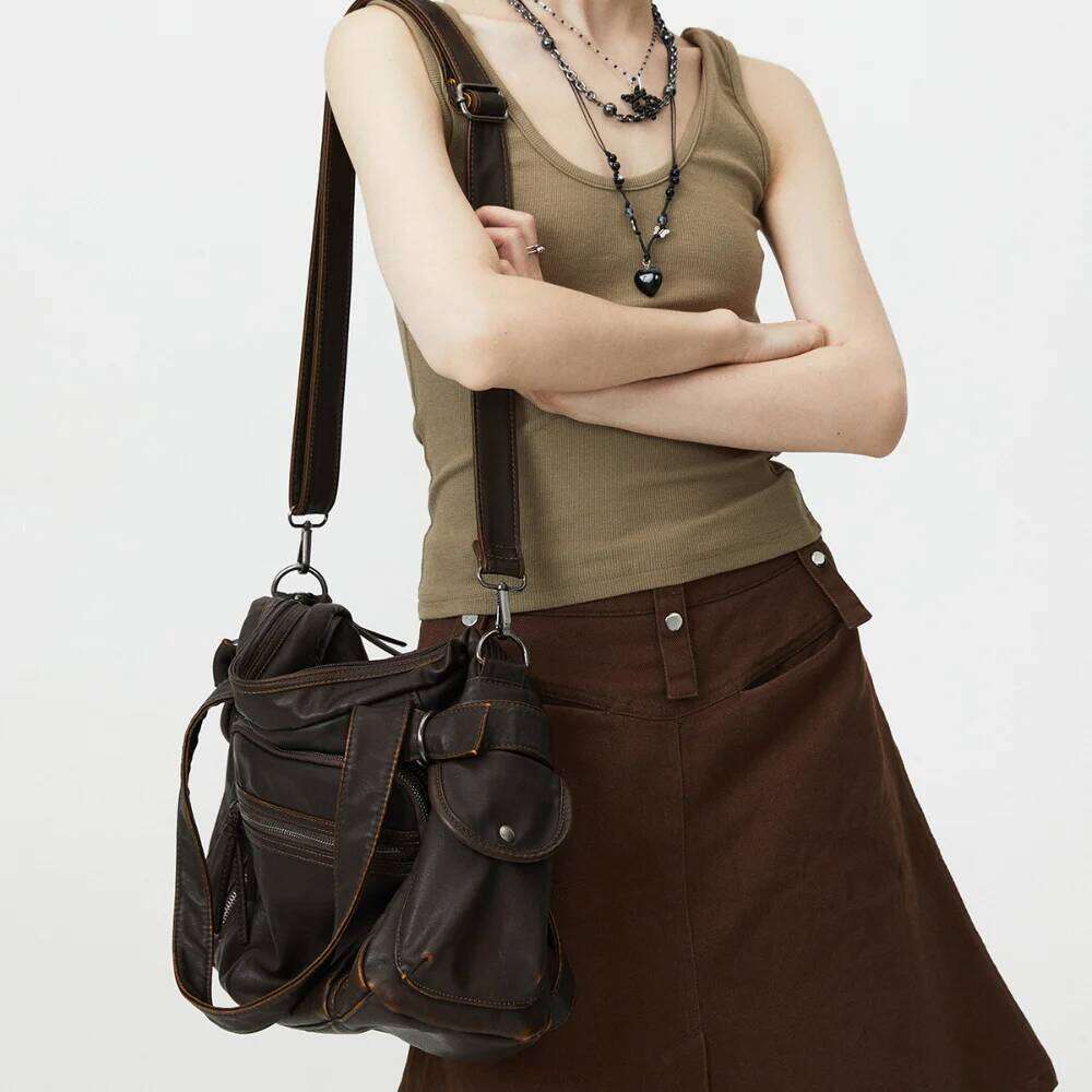 Retro Tote Motorcycle Soft PU Leather Large Capacity Shoulder Y2k Punk Multi Pocket Crossbody Bag