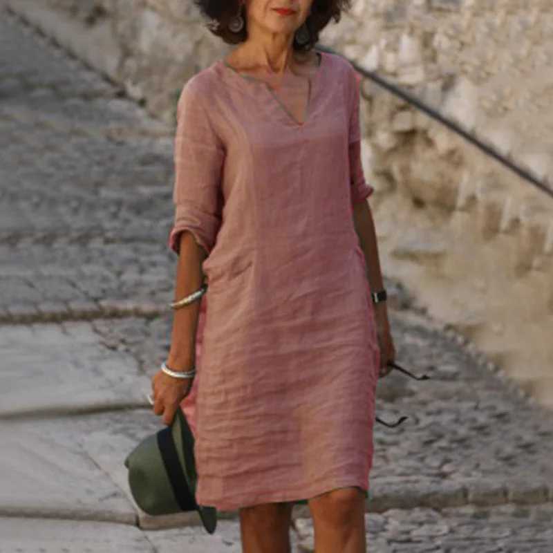 Vintage Solid Mini Dress Women Fashion Summer V-neck Three Quarter Sleeve Cotton Linen Party Dresses Ladies Casual Femme Vestidos XJ250610